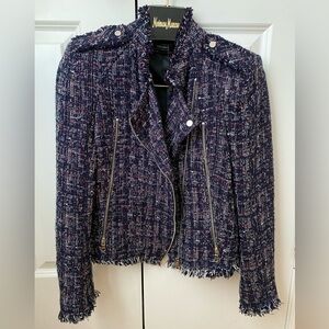 ZARA blue white red tweed Moto zip Jacket cropped shoulder pads size S